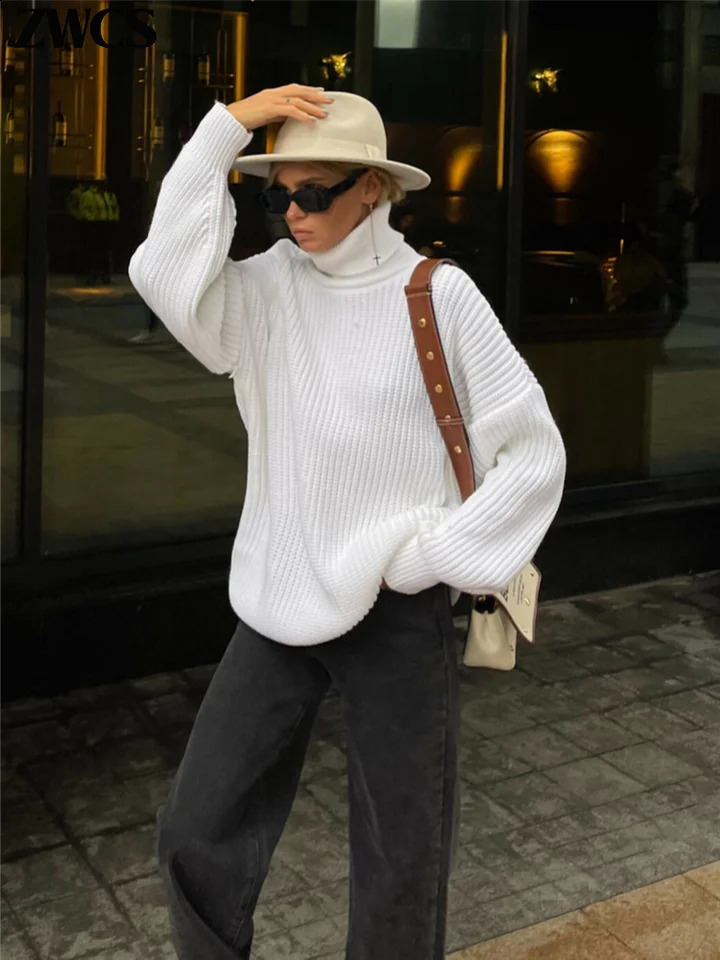 Elegant Knitted Oversized Turtleneck Sweater Women Casual Solid Long Sleeve Pullovers Autumn Female Chic Top Streetwear 240730