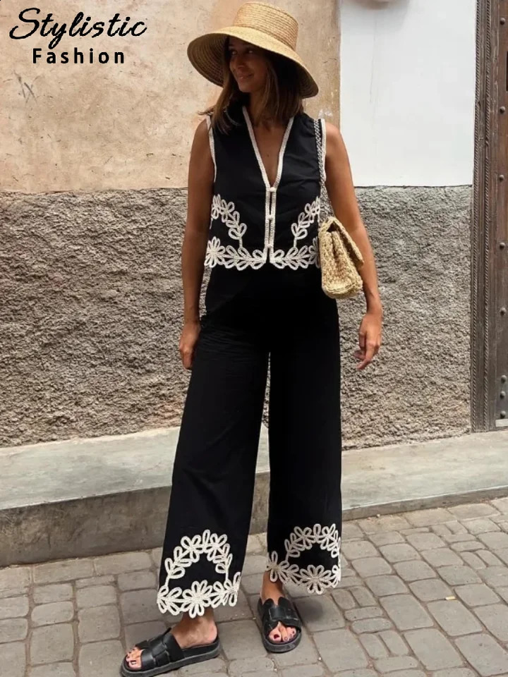 Fashion Embroidered Top and Pants Set for Women Vneck Sleeveless Crop Tank Wide Leg 2024 Summer Womens Clothing 240729