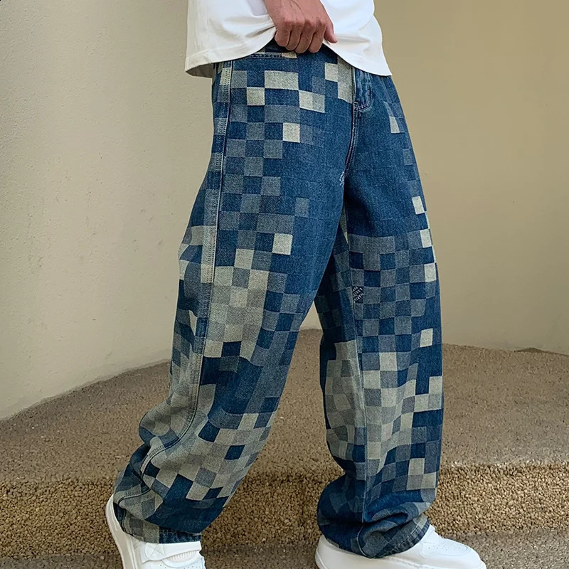 Mosaic checkerboard jeans mens fashionable and personalized loose straight leg street hip-hop Y2K unique trendy pants240730