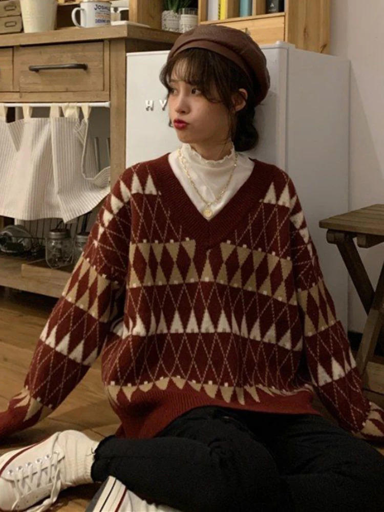 Sweaters Women Vintage Argyle Korean All-match Chic V-Neck Ladies Pullovers Student Lazy Style Winter Womens Sweater 240730