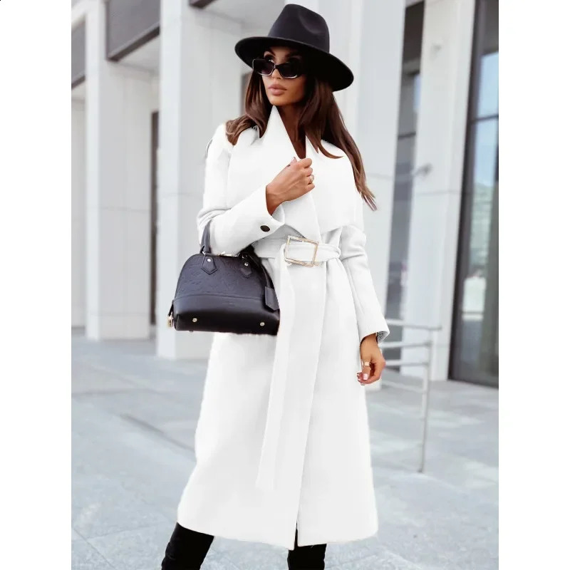 Autumn Womens S-2XL size Coat Simple Solid Color Long Sleeved Button Coat Fashion V-neck Belt Casual Wool Windbreaker 240729