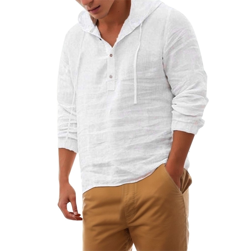 Hooded White Shirt Summer Cotton Linen Blouse long sleeve Solid Color Button Blouse Travel Work Style Male Breathable Slim Tops240730