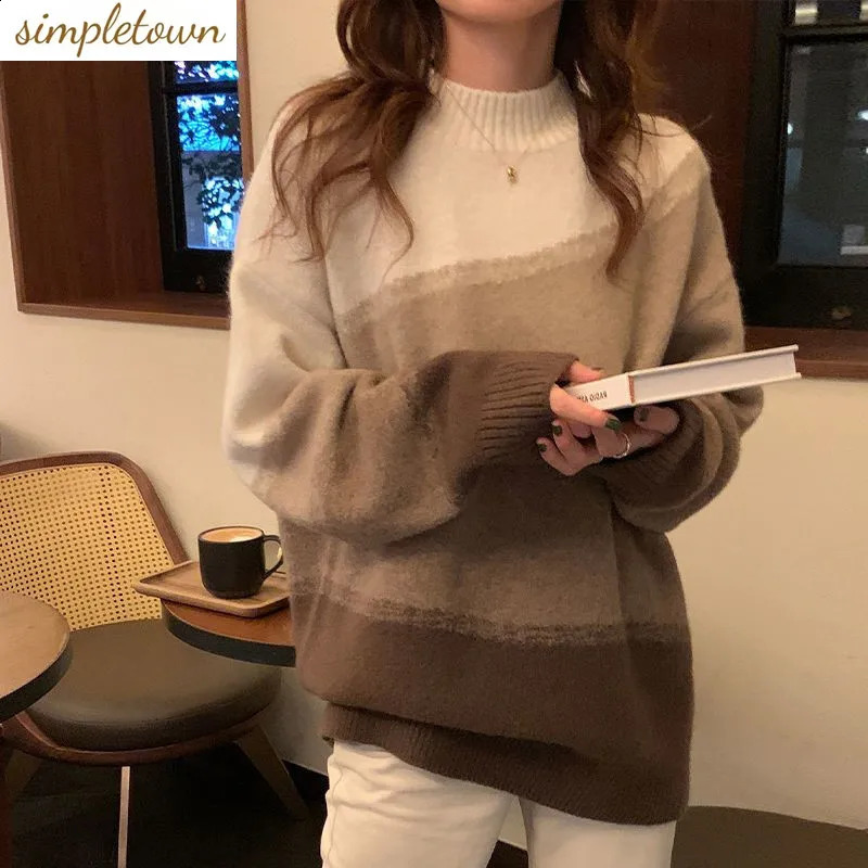 Autumn/Winter Korean Edition Gradient Womens Sweater Loose and Versatile Lazy Fashion Knitted Sweater Trend 240730