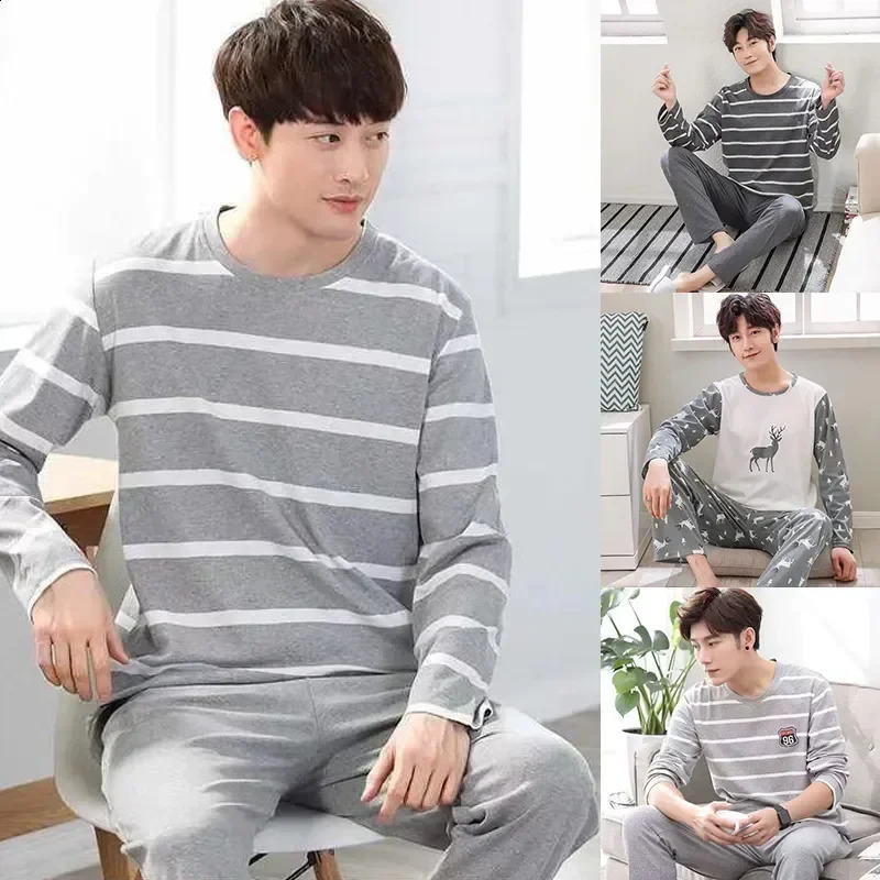 Autumn Pajamas Spring Pants Two-piece Mens Oversized Youth Sleeved Long Home Clothing Set Thin 240730