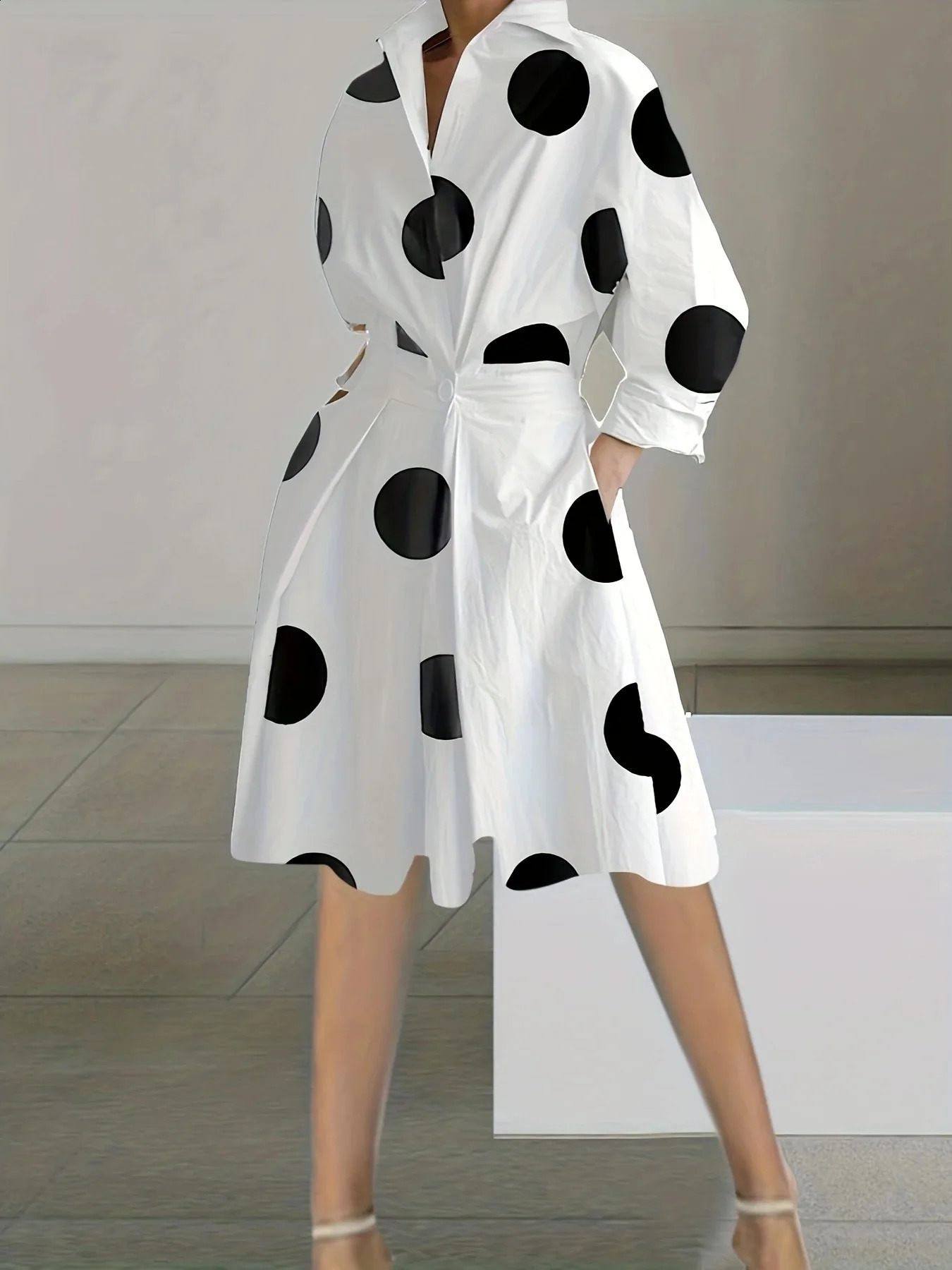 Robe d'automne pour femmes à manches longues imprimées élégantes robes midi blanches poches décontractées en V Femme Femme Robes de fête Vestido2