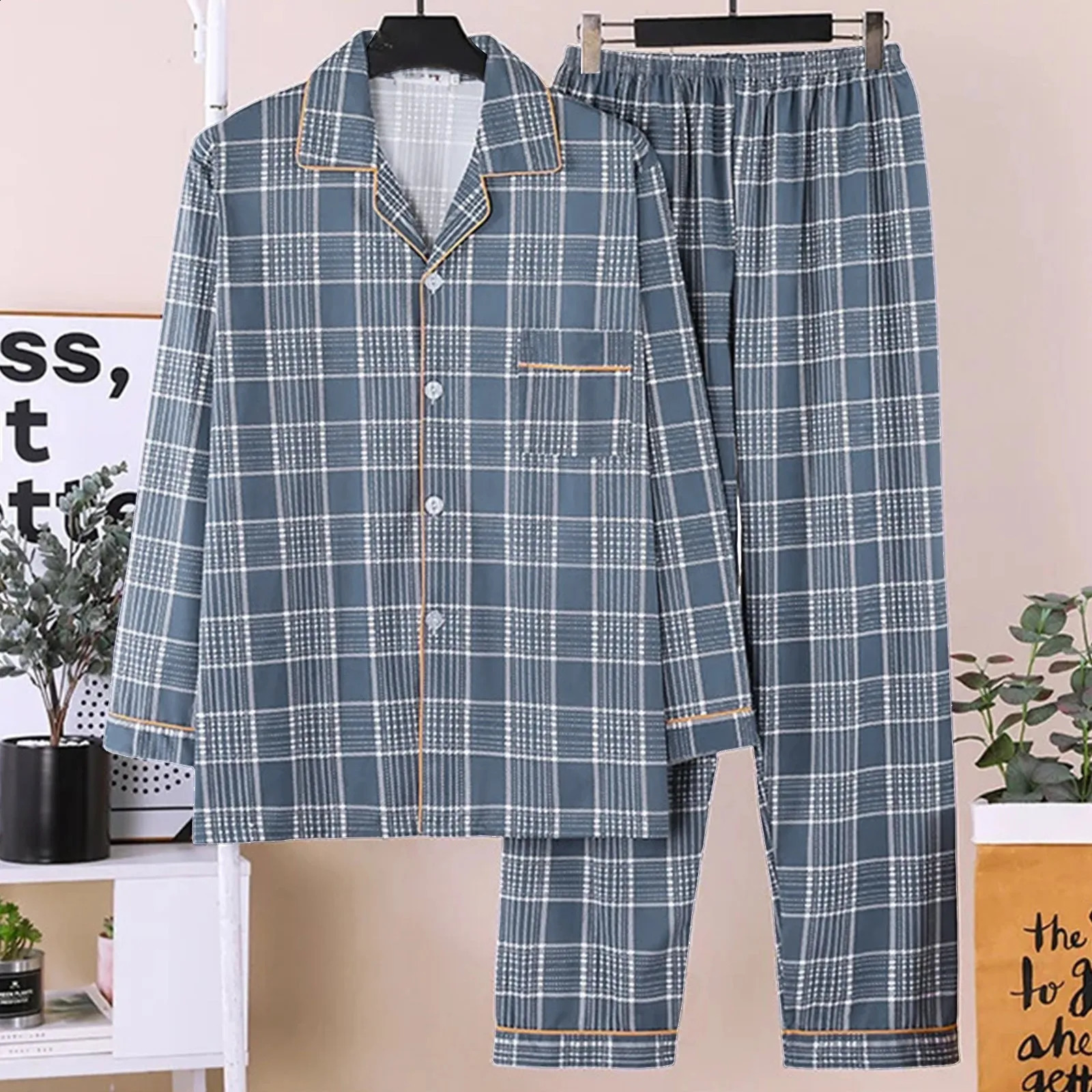 Mens d'été Pyjama Costume Plaid Cardigan à manches longues Pant long pantalon Two Piece Set Home Wear Pyjamas en ensemble Mâle Sleeping Wear 2407