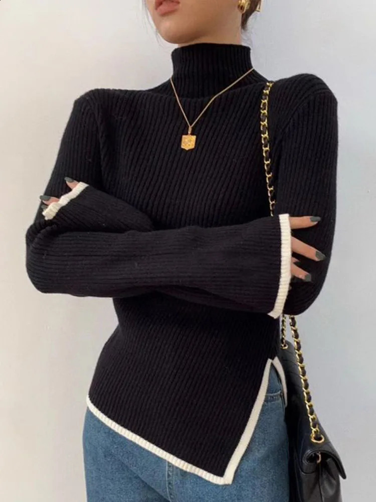 Zik Turtleneck Side Slit Pullover Contrasting Colors Autumn Winter Women Style Top Self-cultivation Sweater Pagoda Sleeve Slim 240813