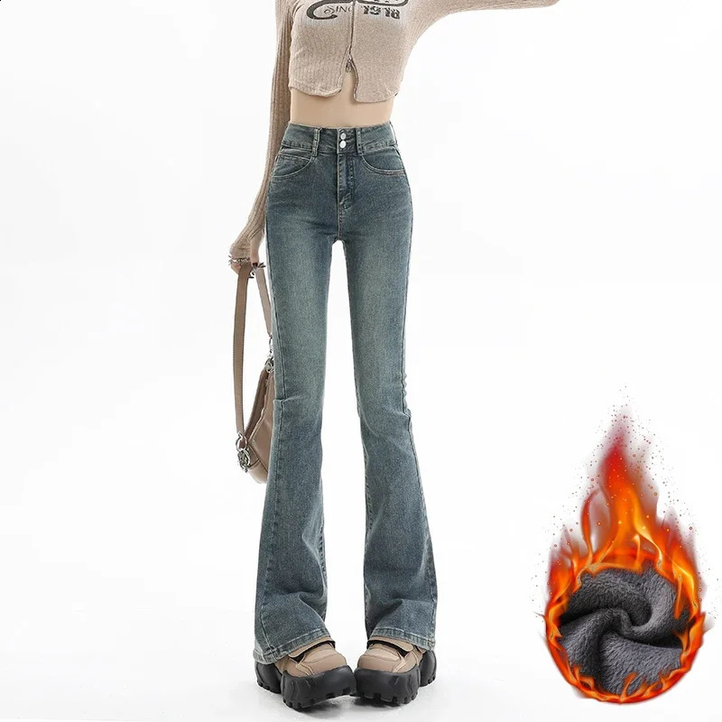 Vintage Womens Fleece Thickened Flare Jeans Winter Warm Fashion Korean Y2K High Waist Elastic Skinny Denim Pants Plus Length 240730