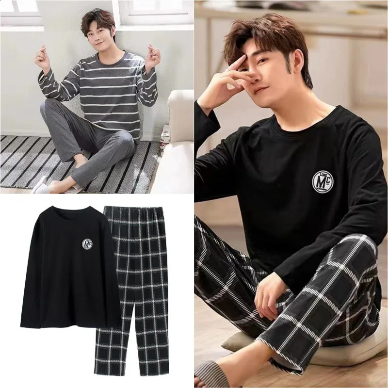 Mentiers manche rond Home Wear Pantalon à manches longues SUIT PRINTEMPS ET HIVER Modèles de pyjamas à rayures décontractés Ensemble en deux pièc