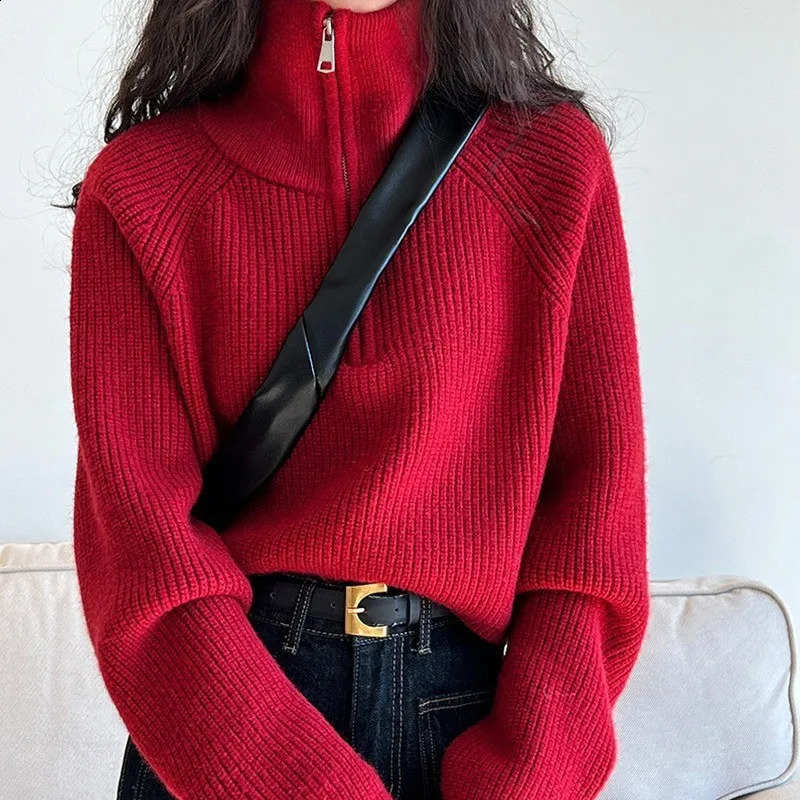 Autumn Winter Half Zipper Short Sweaters Womens Christmas High Neck Red Knitted Top Loose Pullover Sweater Coat 240730