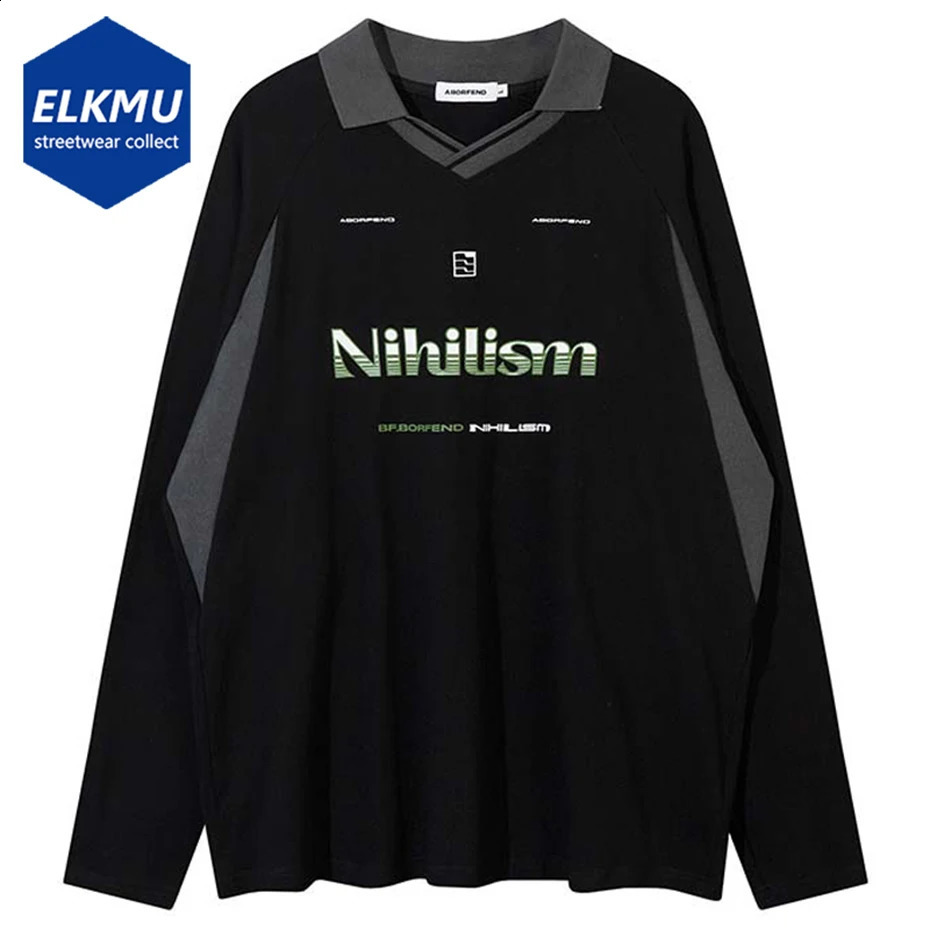 Mens Vintage Oversized T Shirts Polo Collar Color Block Patchwork Loose Long Sleeve T-shirt Streetwear Harajuku Hip Hop Tshirt 240730