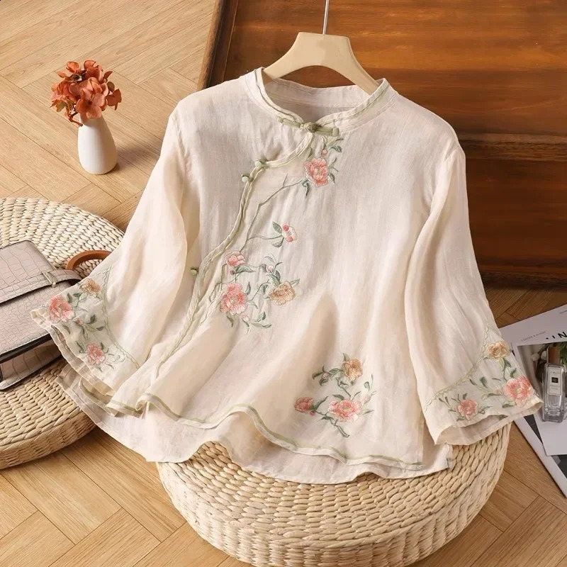 Cotton linen retro womens summer embroidered shirt Chinese style trend 2024 loose clothing sales short sleeved top 240729