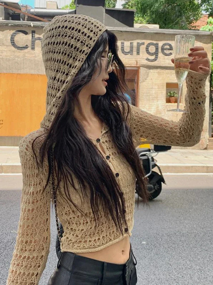 Grunge Thin Hollow Out Vintage Sexy Cardigan Coats 2024 Hooded All Match Knitted Sweaters Y2k Women Fashion Casual Crop Tops 240729