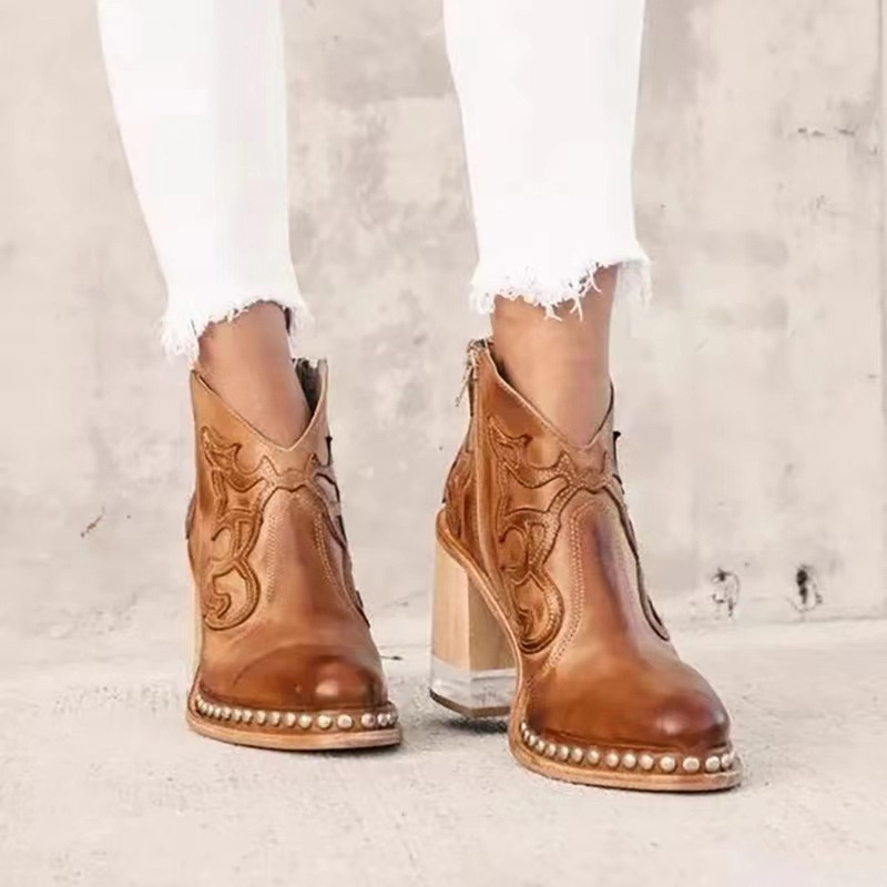 Women Ankle Boots 2023 Leather Shoes Low Heel Cool British Embroidered Design St Short Boots Party Woman Footwear Crystal Heel Q260916