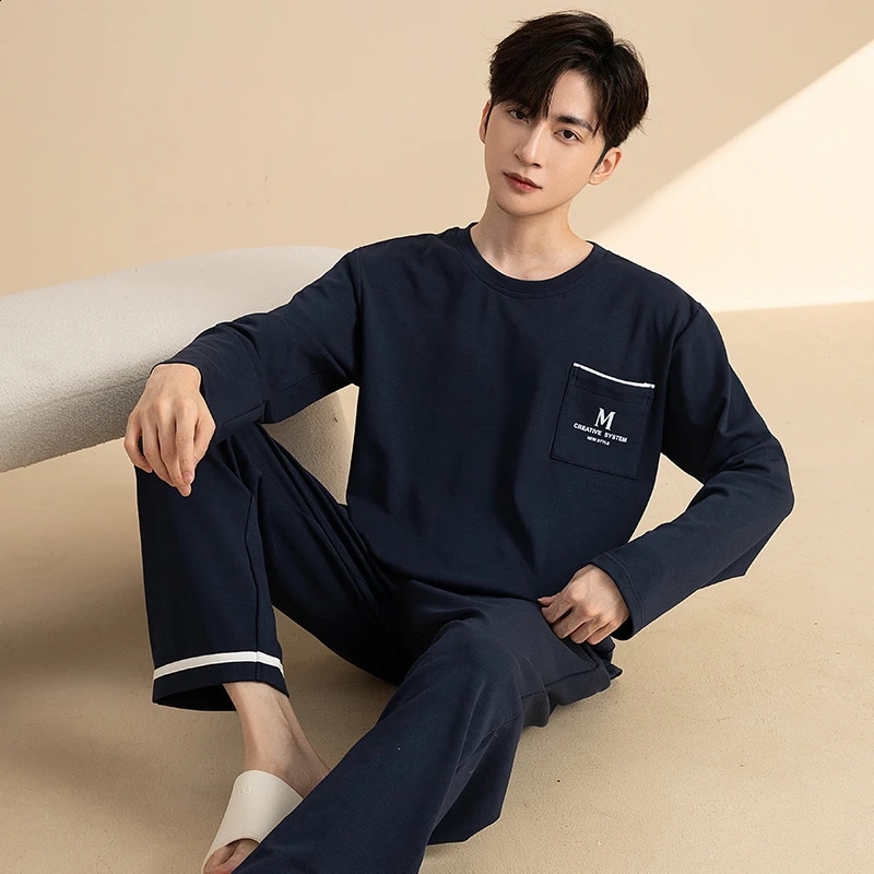 Men Pyjama Set Spring knited Cotton Long Sleeve Pajama Suit Autumn Nightwear Pijama Male Sleepwear Two Piece Set 240730