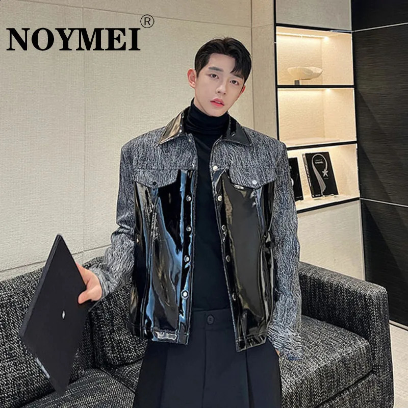 NOYMEI Coat Patchwork Fashionable Korean Style PU Leather Denim Grey Black Vintage Autumn Trendy Mens Jacket WA1929240730