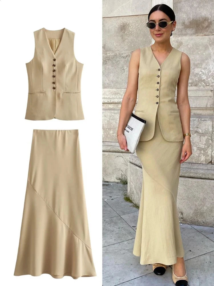 Elegant office womens suit sleeveless single chest vest high waisted ultrathin Midi bodysuit 2024 summer fashion 2piece set 240729