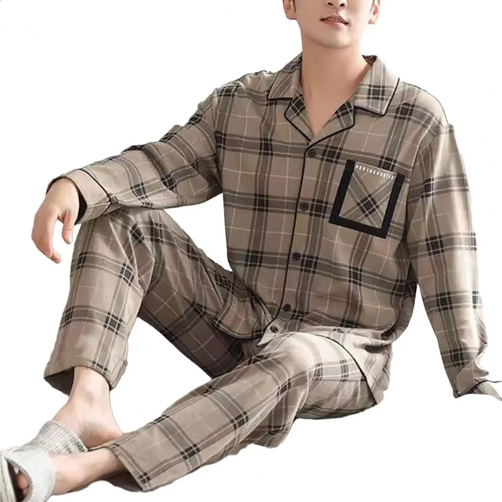 Man Pajama Cotton Lapel Long Sleeved Pants Plus Size Pijamas Sleepwear Leisure Homewear Nightwear For Male 240730