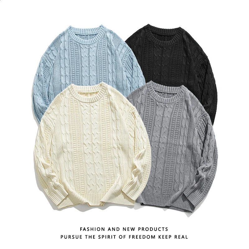 Fashion Mens Twist Knit Sweater Solid Color Loose Pullover Round Collar Comfortable Harajuku Long Sleeve Top Male Autumn Winter 240730