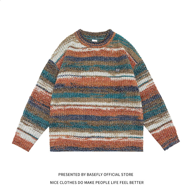 Autumn Winter Stripe Rainbow Color High Streetwear Hip Hop Men Sweater Shirt Unisex Couple Women Sweatshirt Pullover Casual Chic 240731