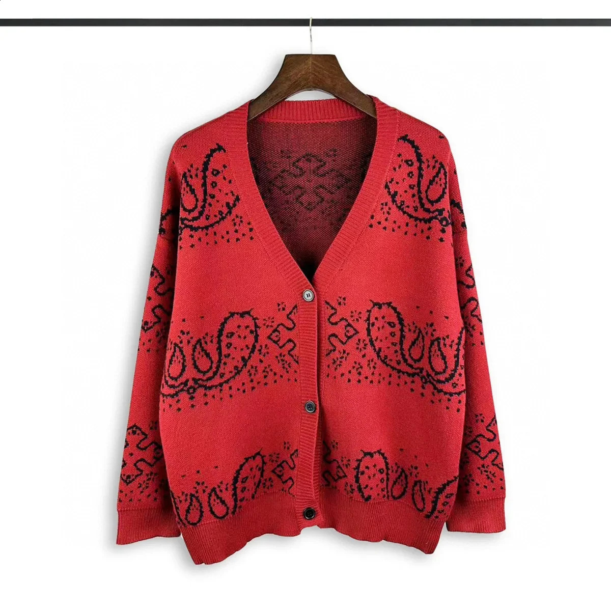 High Street Full Cashew Print V Neck Cardigan Sweaters for Men and Women Patchwork Baggy Single Breasted Casual Woolen Sweaters 240731