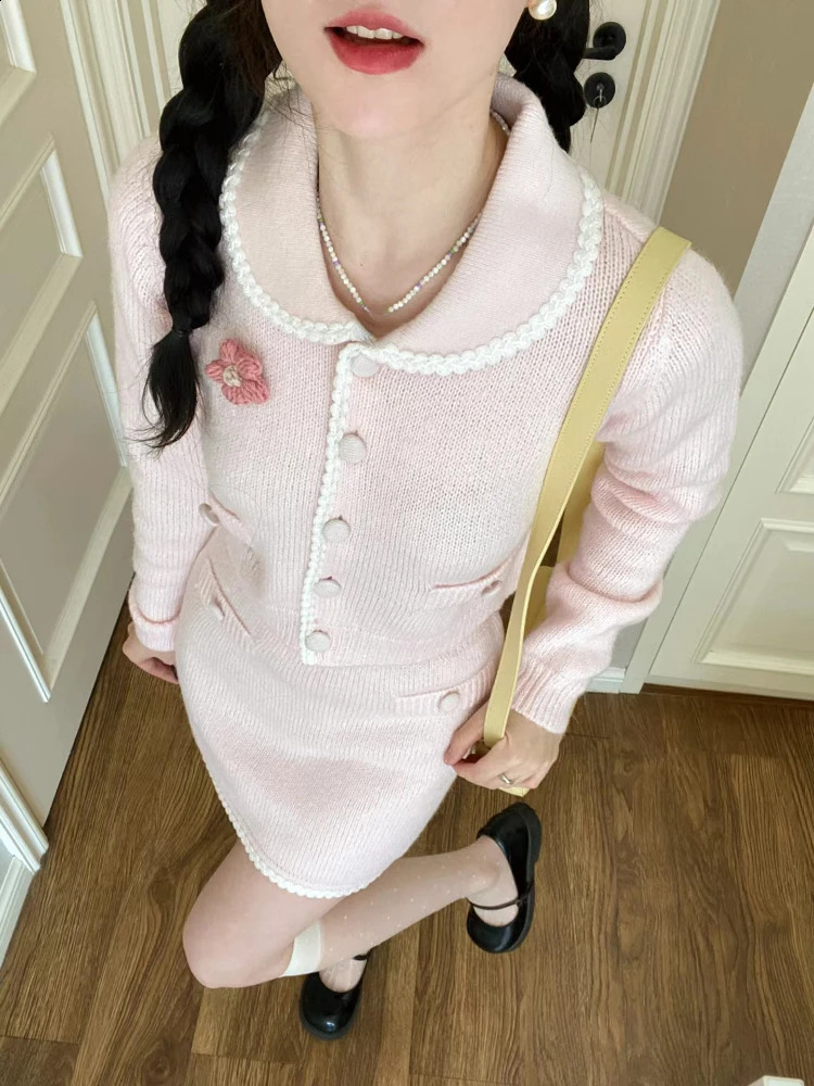 Rose japonais kawaii deux pièces set femmes français vintage tricoté sweet jupe costume féminin de fête élégante à manches longues mignonnes 2407