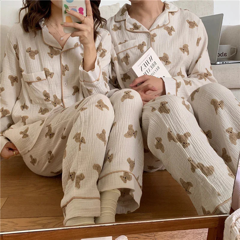 Couples amoureux kawaii coton automne pyjamas ensembles femmes coréen décontractée coton deux pièces set à la maison poches de somnifères vintage