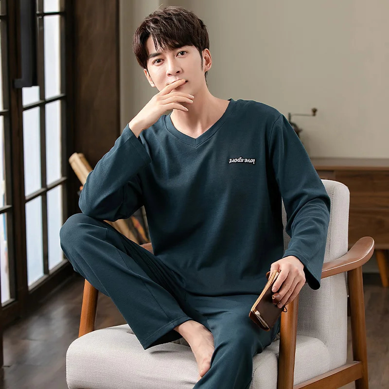 Mens V-Neck Cotton Pajamas Set Autumn Long-Sleeve Tops Long Pants Nightwear Home Wear Suits Simple Fashion Sleepwear For Male 240731
