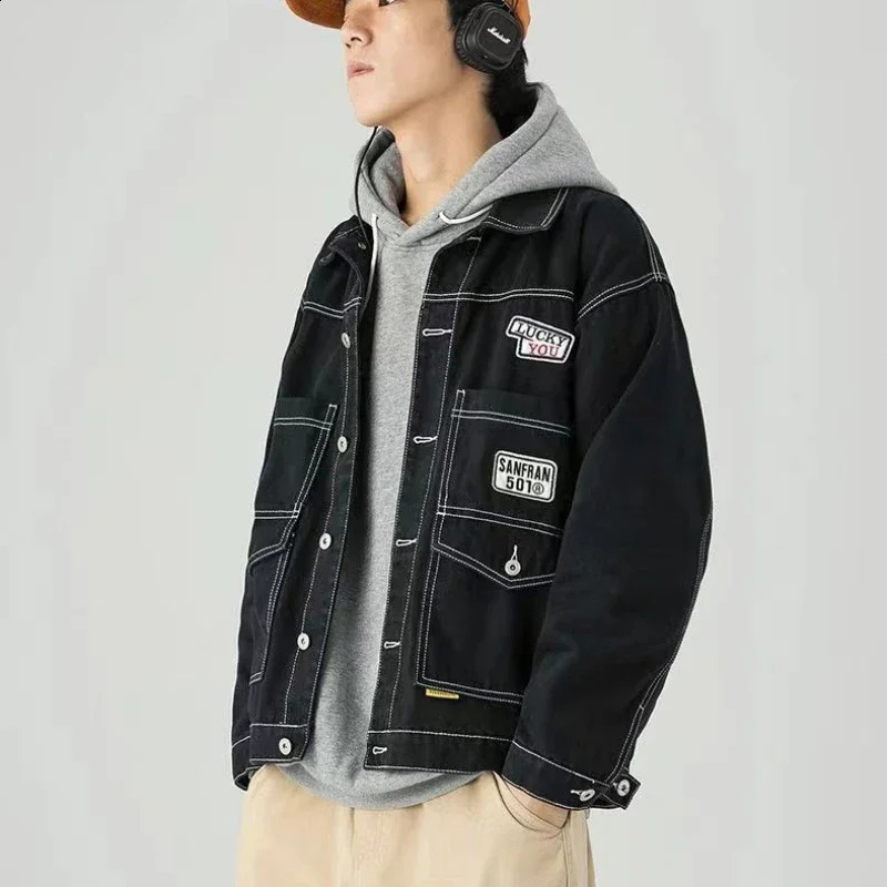 Male Jean Coats White Wide Shoulders Sleeves Mens Denim Jacket Low Price Elatic Size L Korean Style Korean Clothes G 240731