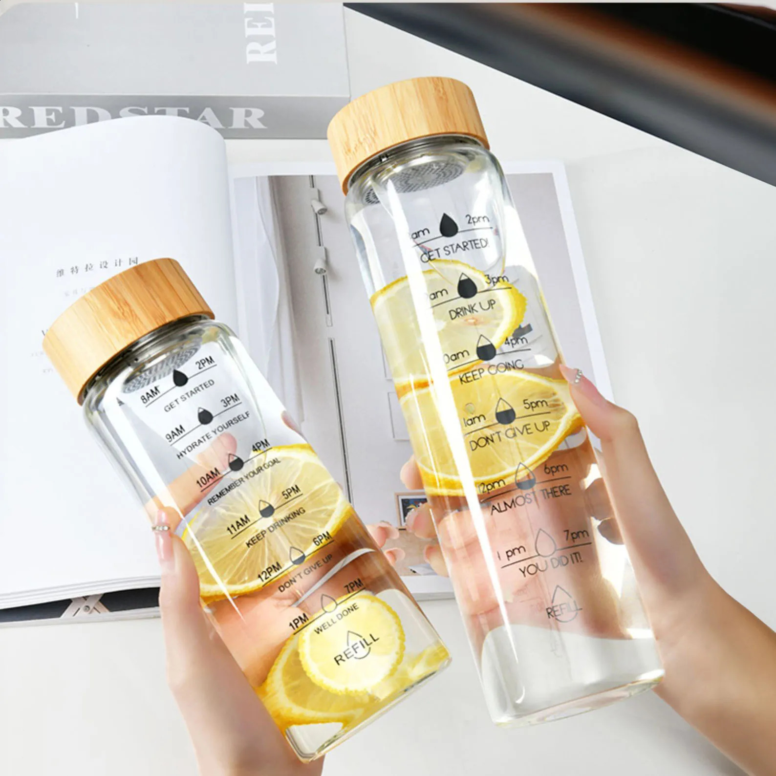 1000ml Large Capacity Glass Water Bottle With Time Marker Cover For Water Drink Transparent Milk Juice Simple Cup Birthday Gift M260227-image-1095689408