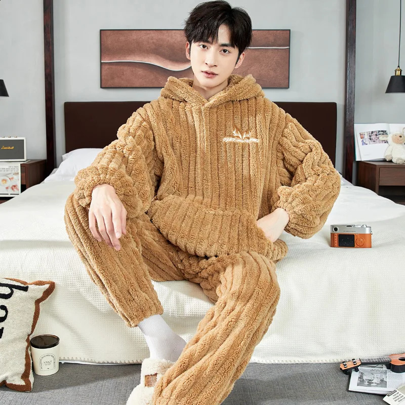 Mens Coral Fleece Pajamas Loungewear Autumn Winter Nightwear Thickened Sleepwear Youth Flannel Hooded Warm Male Homewear Set 240731