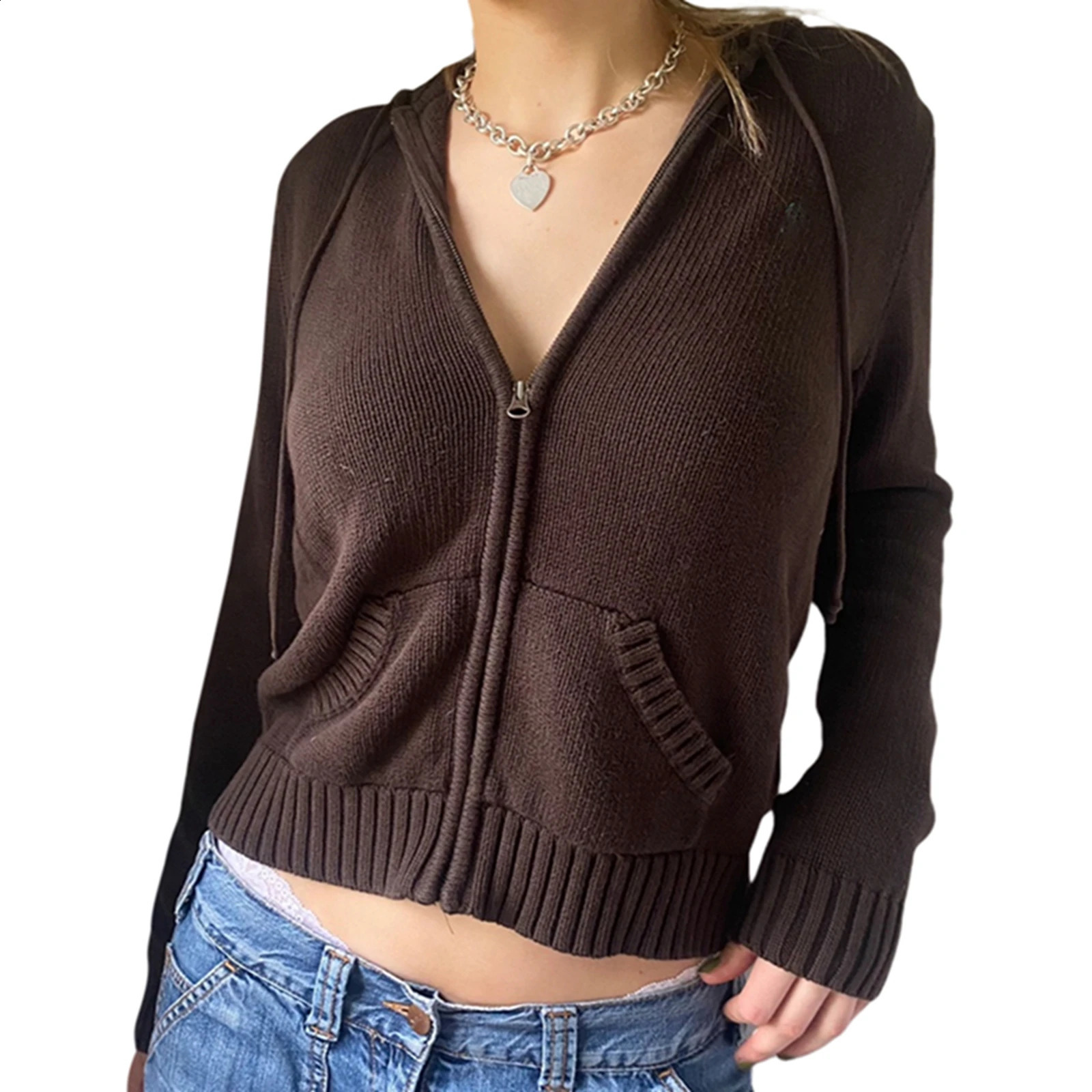 Femmes d'automne d'hiver lanterne à manches zippées de veste à sweats à capuche en tricot en tricot vintage Brown Solid Hooded Y2K Pullaires 2407
