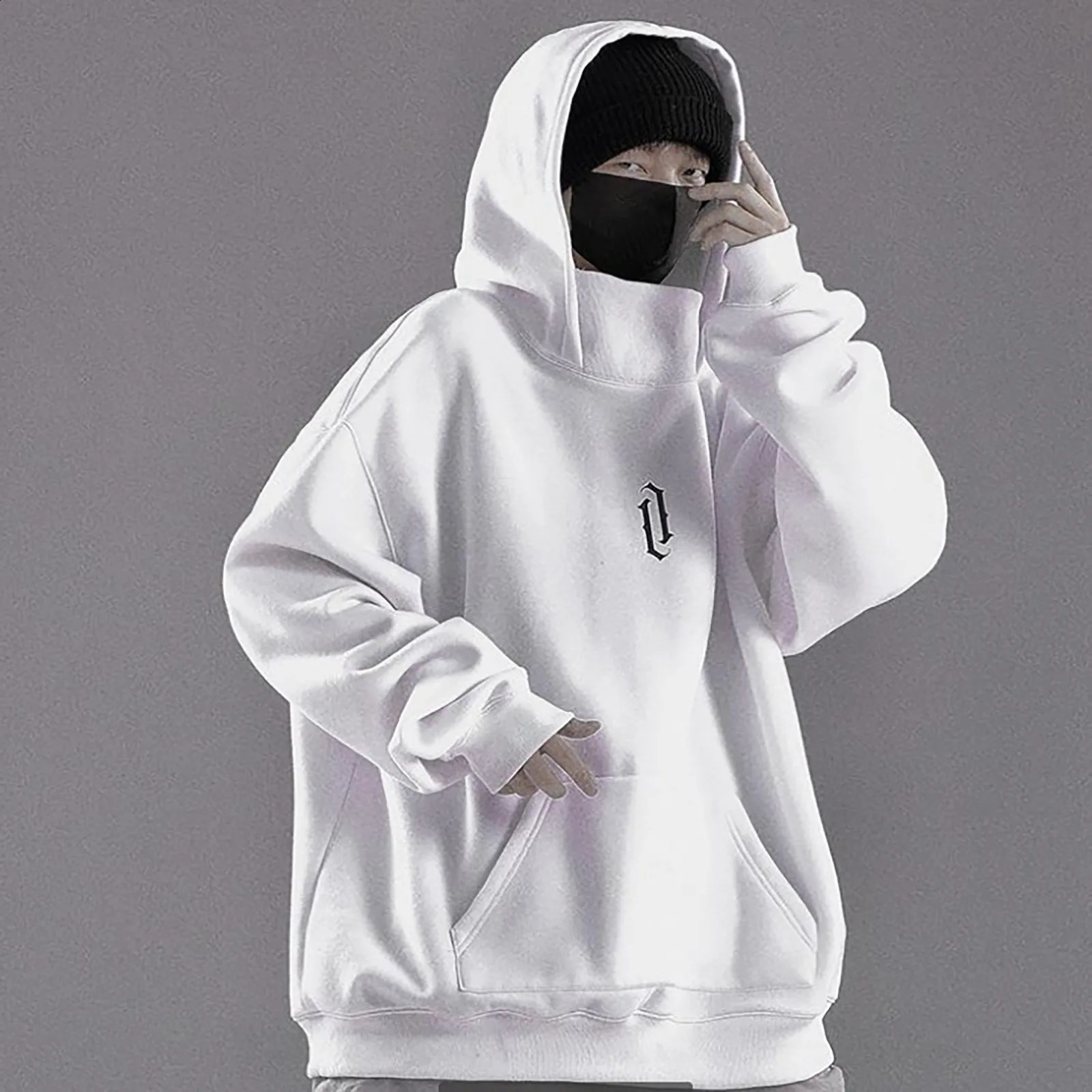Men Hooded Sweatshirt Autumn Winter Solid Color Long Sleeve Hoodies Loose Hip Hop Ninjas Hoodie High Neck Sports Pullover Street 240730