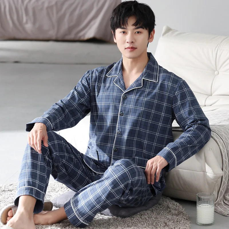 est Plus Size M-4XL Men Pajamas Set Spring and Autumn 100% Cotton Long Sleeve Sleepwear Male Turn-down Collar Plaid Pijama 240731