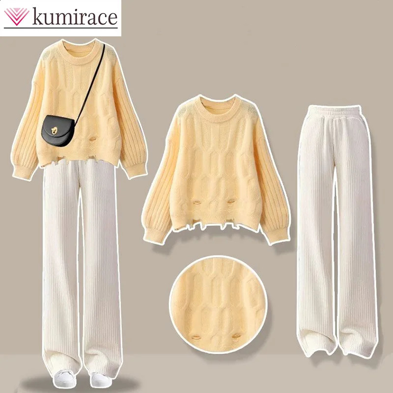 Korean Version Autumn Female Student Set Womens Knitted Sweater Apricot Wide Leg Pants Womens Two Piece Setwomen Pant 240731