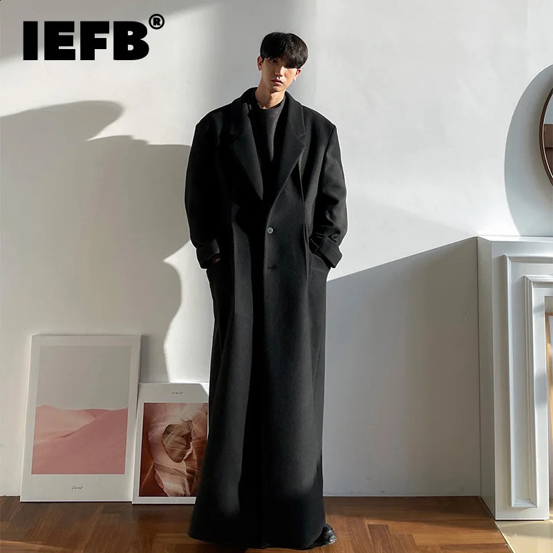 IEFB Mens Long Woolen Coat Autumn Winter Thickened Korean Fashion Trend Loose Solid Color Long Sleeve Male Tops 24X1672 240731