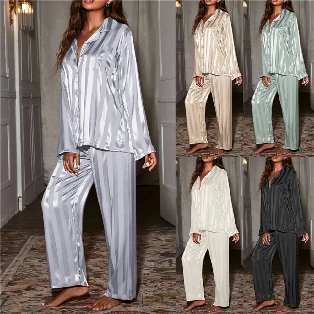Pyjama rayé d'été pour femmes ensemble à manches longues pantalon top pantalon en satin de soie