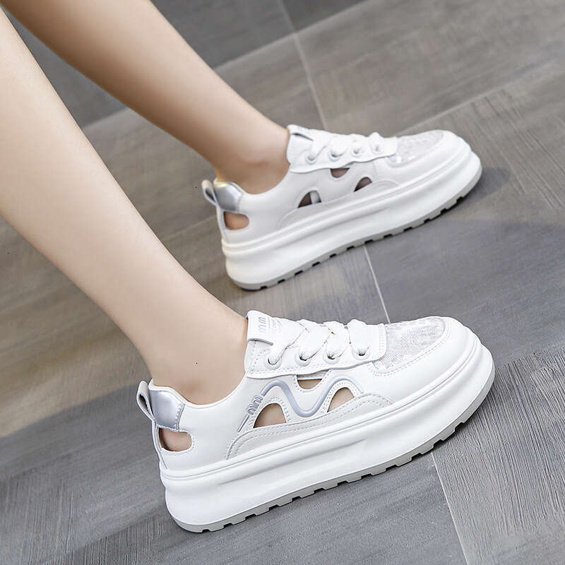 Thick bottom sequins small white female 2024 summer new hundred with hollow breathable fashion casual sports heightening board shoes 323 size
