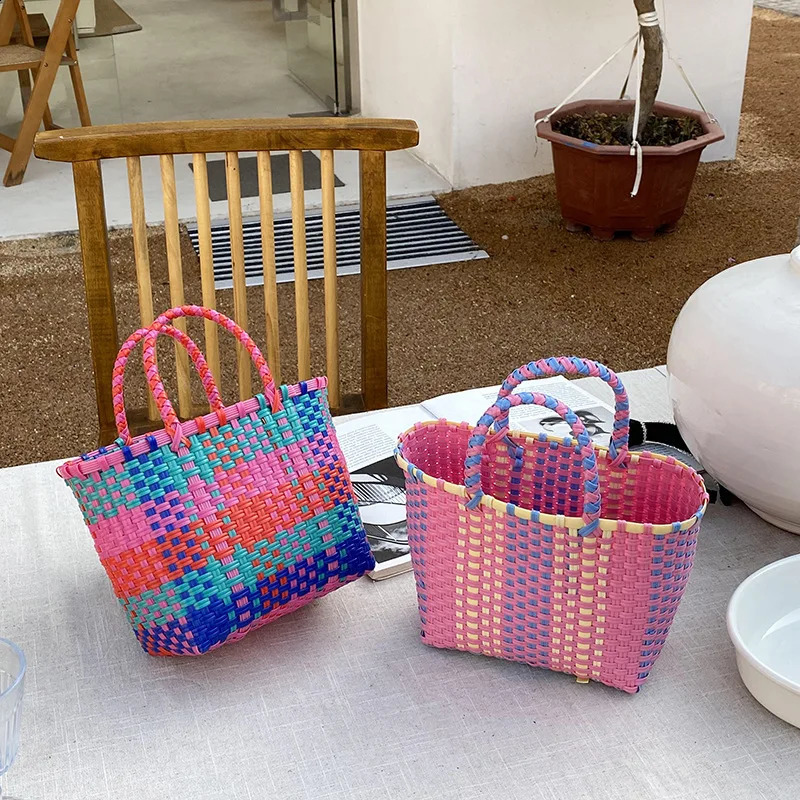 Colorful Woven Tote Bag Shopping Basket Pvc Handbag Weaving Hand Basket Large Capacity Picnic Beach Bags Patchwork Striped Tote 240731