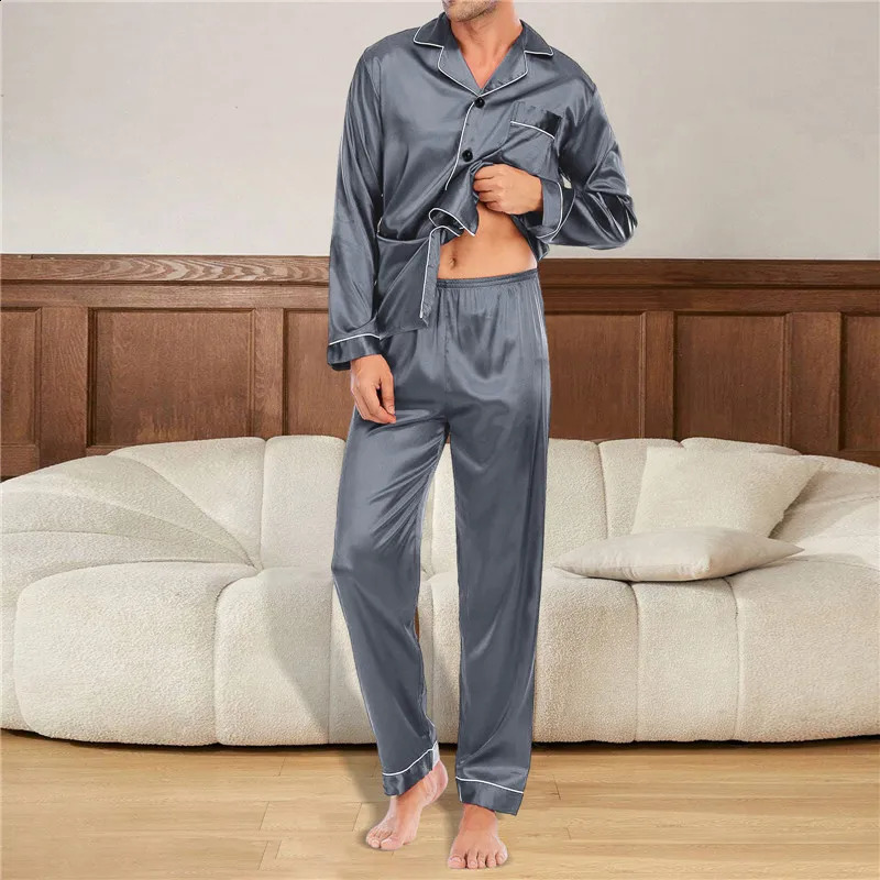 Hommes de pyjama sets en soie en satin pijama collier de sommeil sommiers à manches longues mâles de nuit de printemps mâles 2 pièces sets de vêt