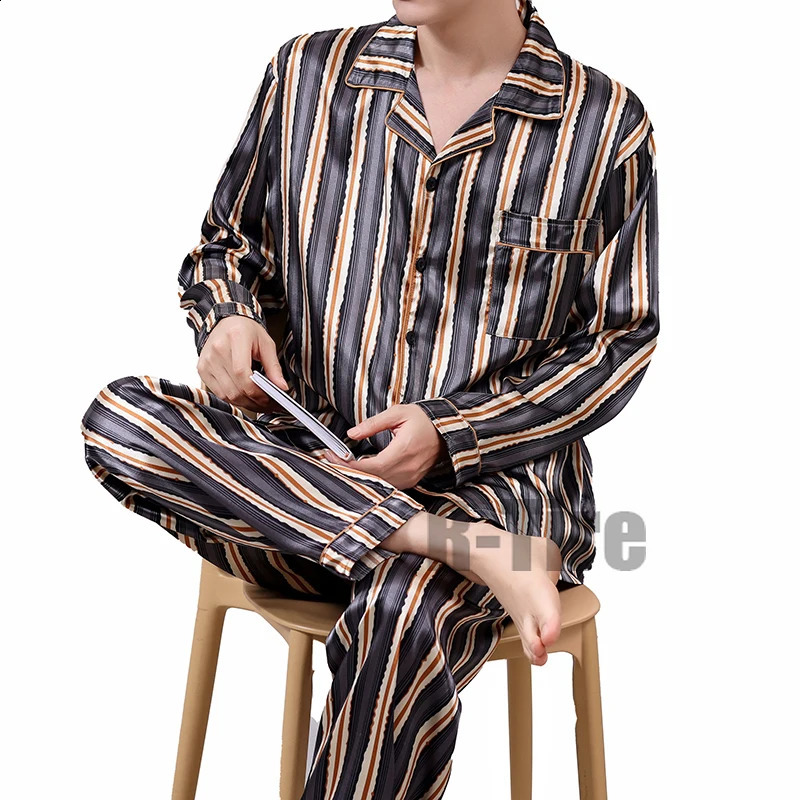 Men de pyjama sets en soie satin pijama collier de sommeil de borlles de grande taille