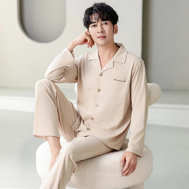 Man Pajamas Sets Spring Autumn Long Sleeve Soft Cotton Pyjamas Cardigan Home Clothing Male Solid Color Loose Casual Sleepwear 240731
