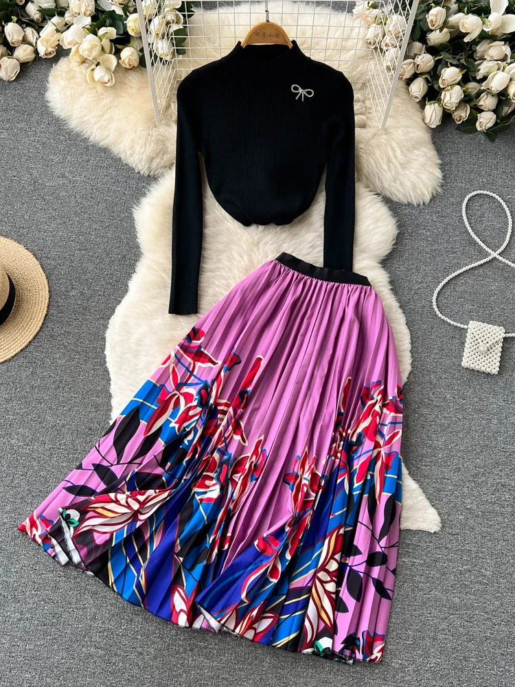 Women Vintage Two Piece Suit Spring Autumn Half Turtleneck Long Sleeve Sweater Knitted Top Print Pleated Long Skirt Sets 240731