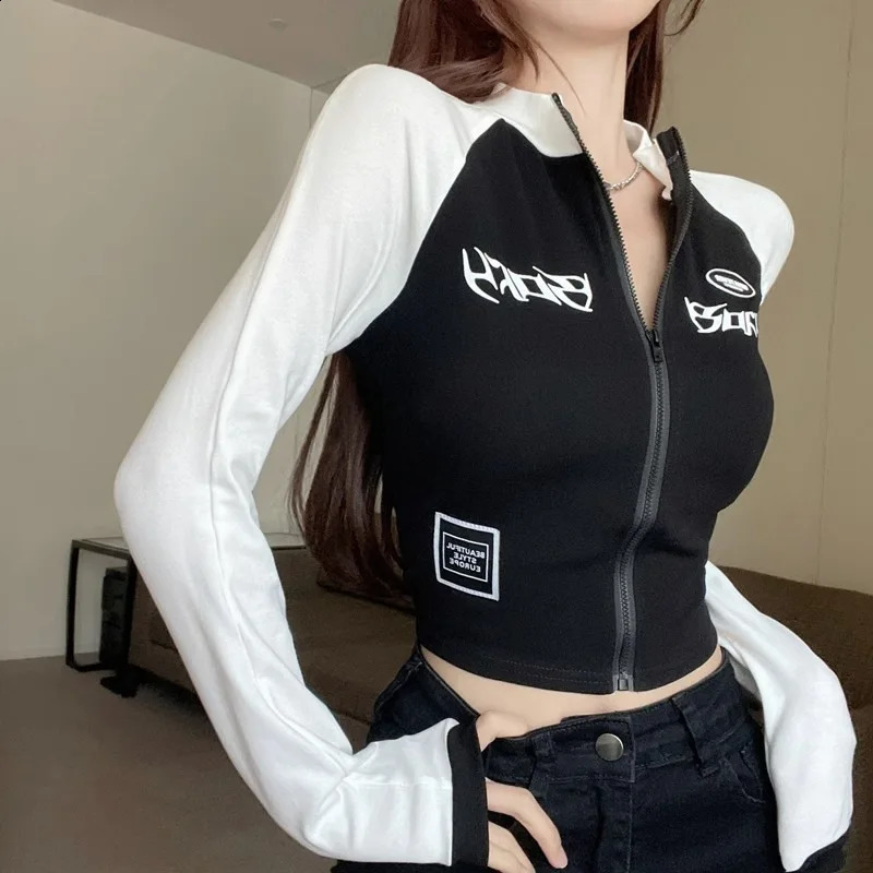 Y2K Vintage T-shirt Women Autumn Winter Long Sleeve O Neck Crop Top Korean Fashion Vintage High Street Zip Up Skinny Tees Egirl 240730