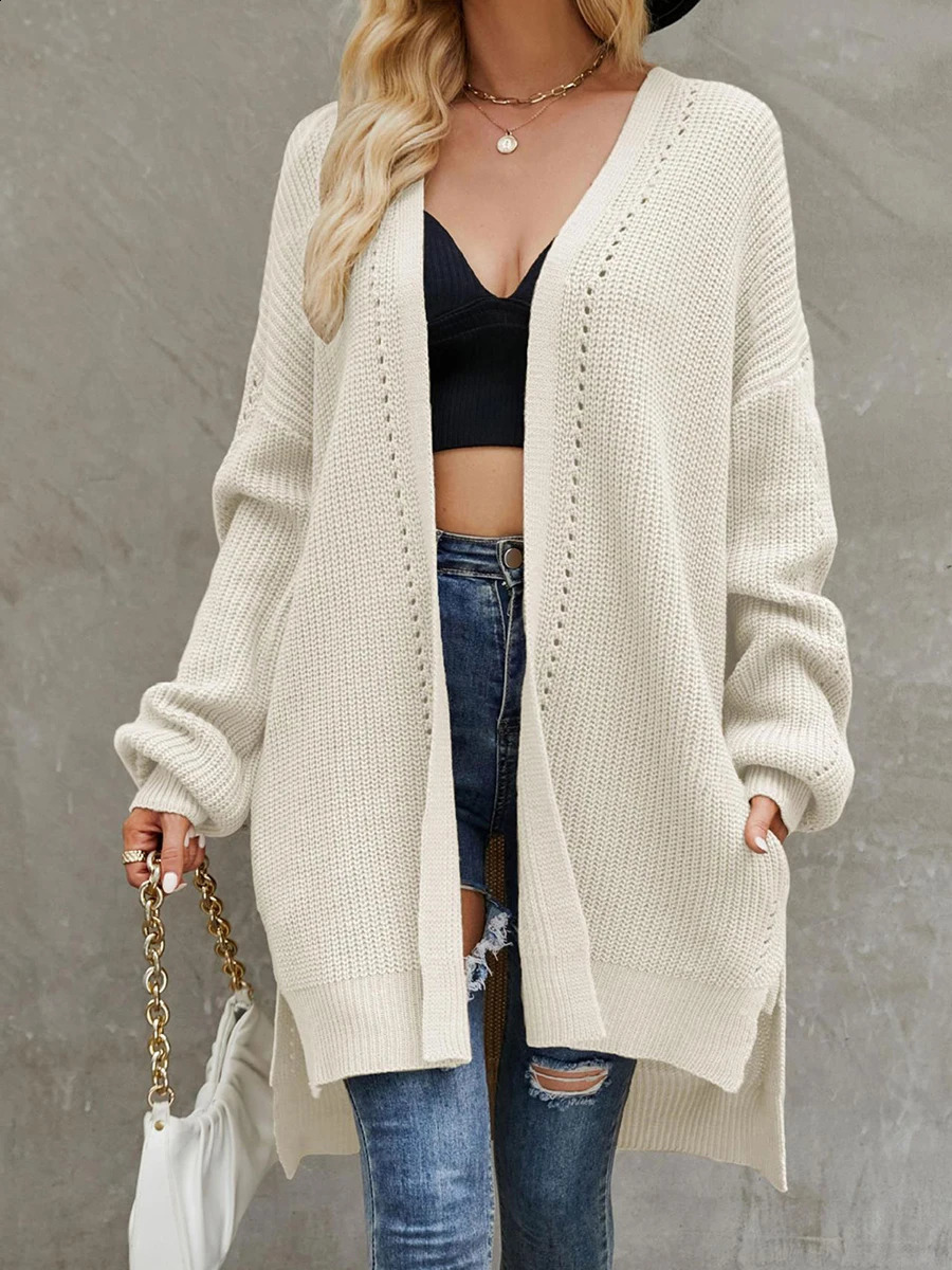Women s Winter Knit Cardigan Y2k Long Sleeve Open Front Sweater Solid Oversized Split Hem Knitwear 240731