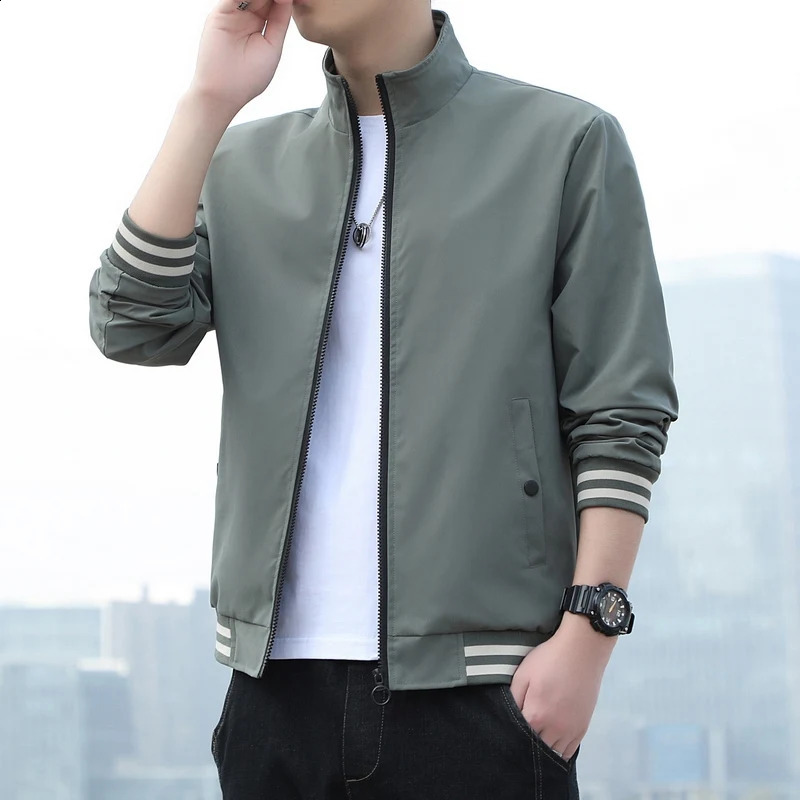 Brown Spring and Autumn Mens Fashion Jacket Long Sleeve Regular Solid Daily Casual Bomber 240730