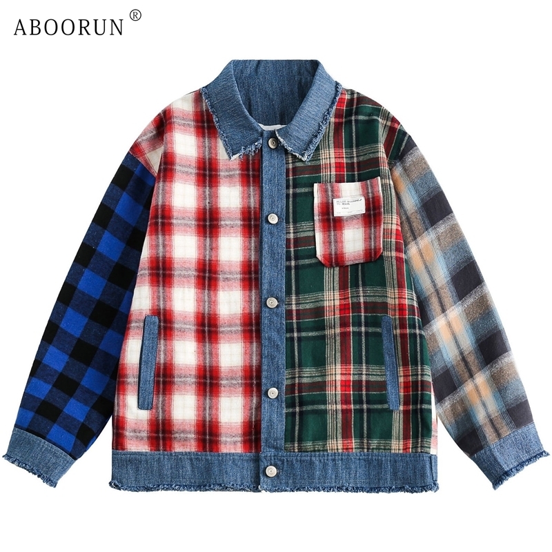 ABOORUN Men's Fashion Plaid Patchwork Denim Jackets Hip Hop Streetwear Oversize Coats for Male240730