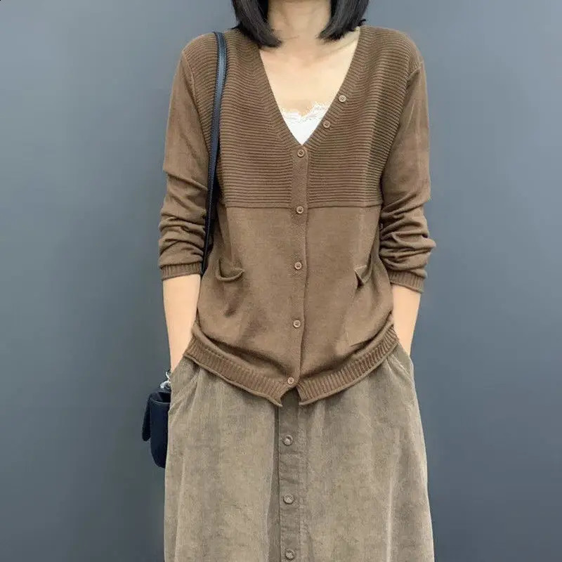 Long Sweaters V Neck Tops Sweater Cashmere Cardigans Woman Y2k Vintage Brown Crochet Knitted Cardigan for Women Trend Black 240731
