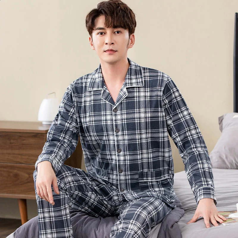 Autumn Men Plaid Pajamas Long Sleeve Male Pajama Set Men Pure Full Cotton Pajamas For Men Sleepwear Suit Homewear 4XL 240731