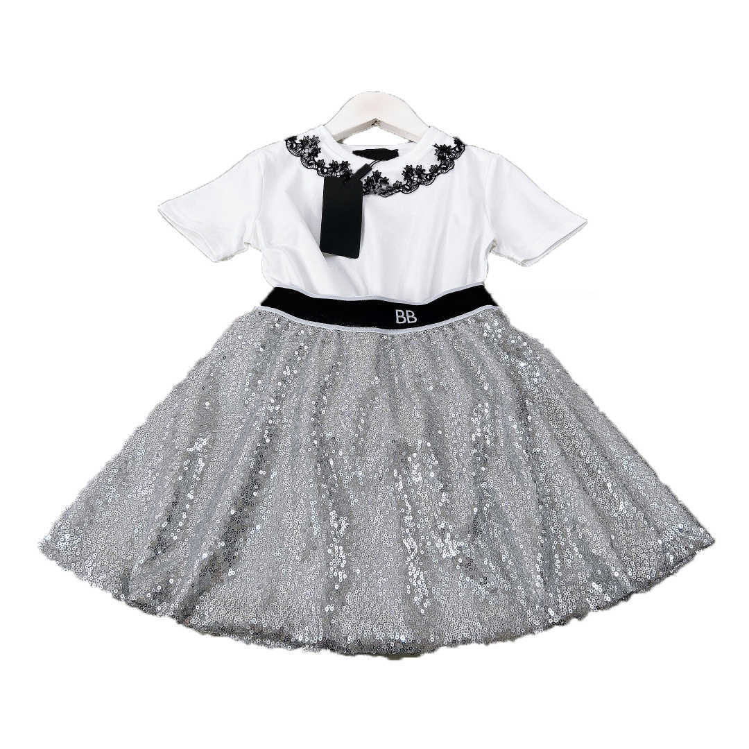 Tracksuit kids designer clothes Child Two piece sets Baby 2pcs High quality summer set Lace ring T-shirt and shiny leather skirt